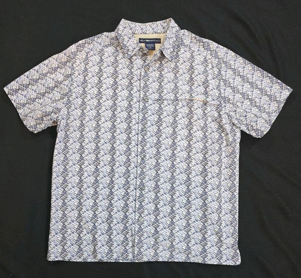 ExOfficio Blue Short Sleeve Button-Up Geometric Fish Print Vented- Medium